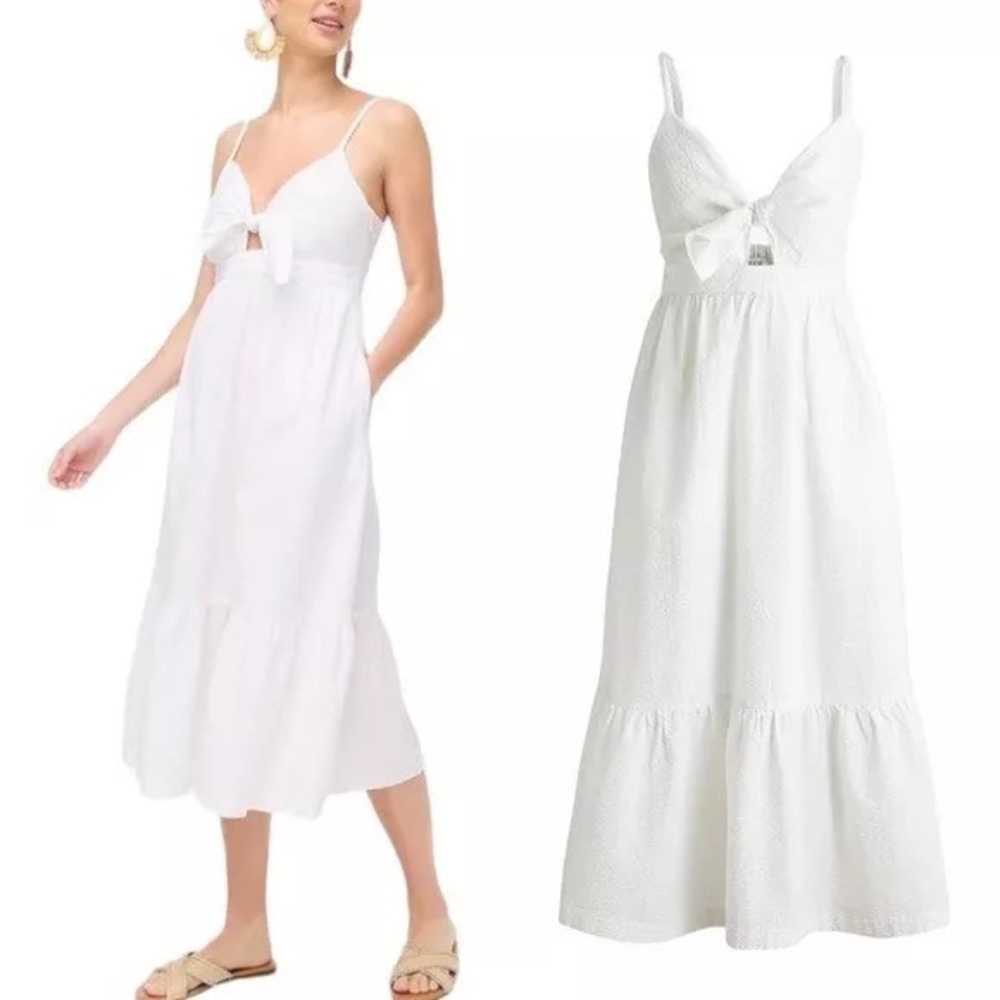 LIKE NEW J.Crew White Seersucker Honeymoon/Bridal tie-front cutout midi dress